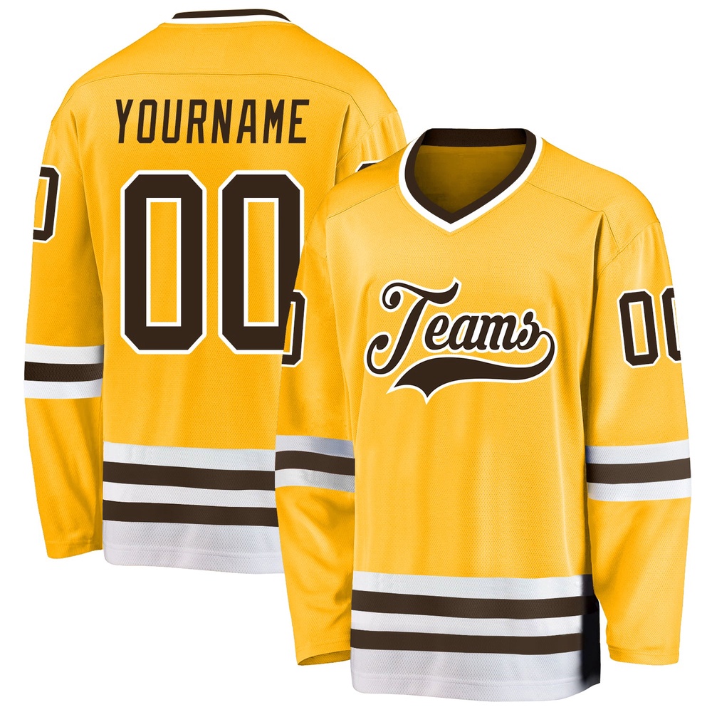 Custom Gold Brown White Hockey Jersey, New Hockey Jersey, Personali Sport Team Jersey Shirt Custom Gold Brown White Hockey Jersey, New Hockey Jersey, Personali Sport Team Jersey Shirt