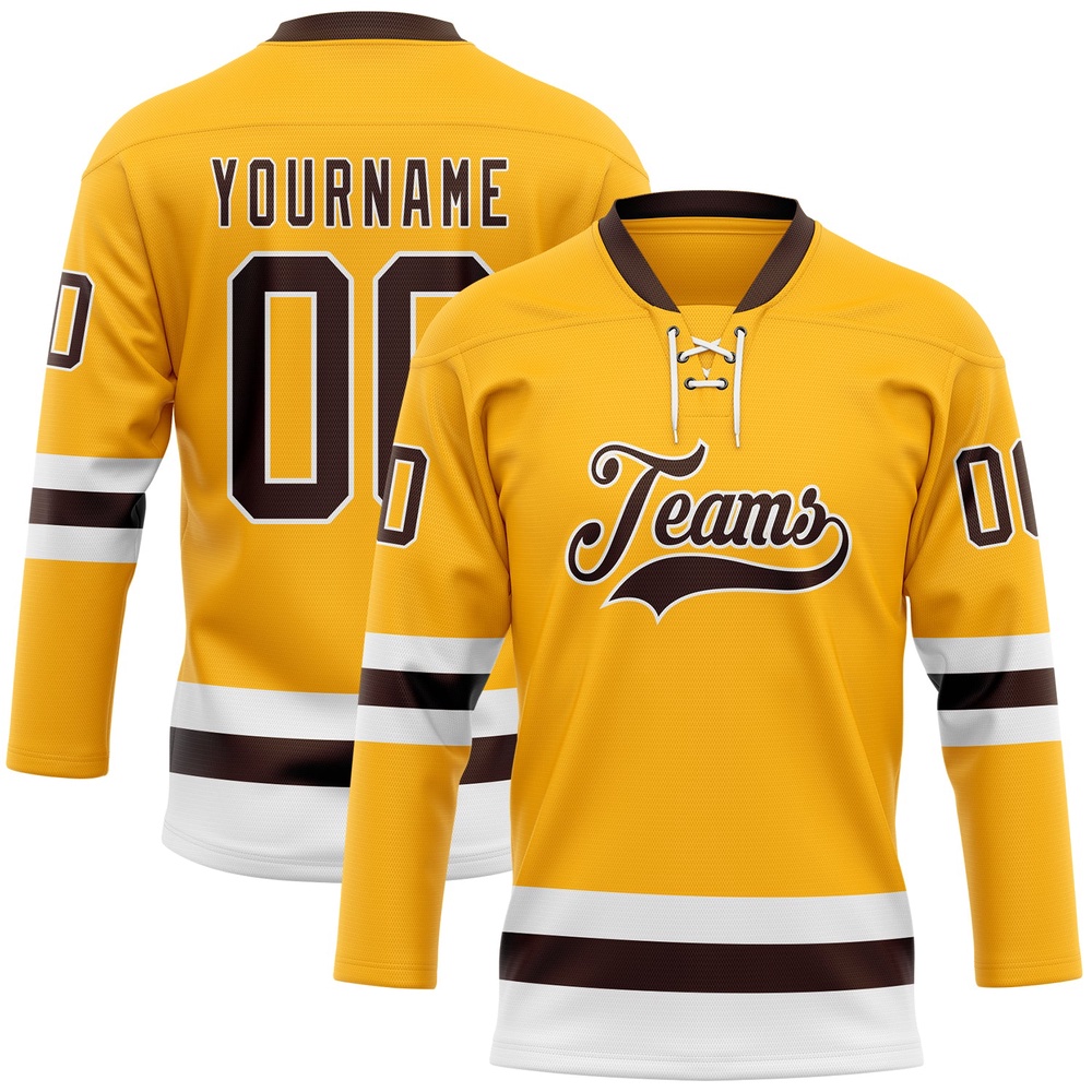 Custom Gold Brown White Hockey Lace Neck Jersey, New Hockey Jersey, Personali Sport Team Jersey Shirt Custom Gold Brown White Hockey Lace Neck Jersey, New Hockey Jersey, Personali Sport Team Jersey Shirt