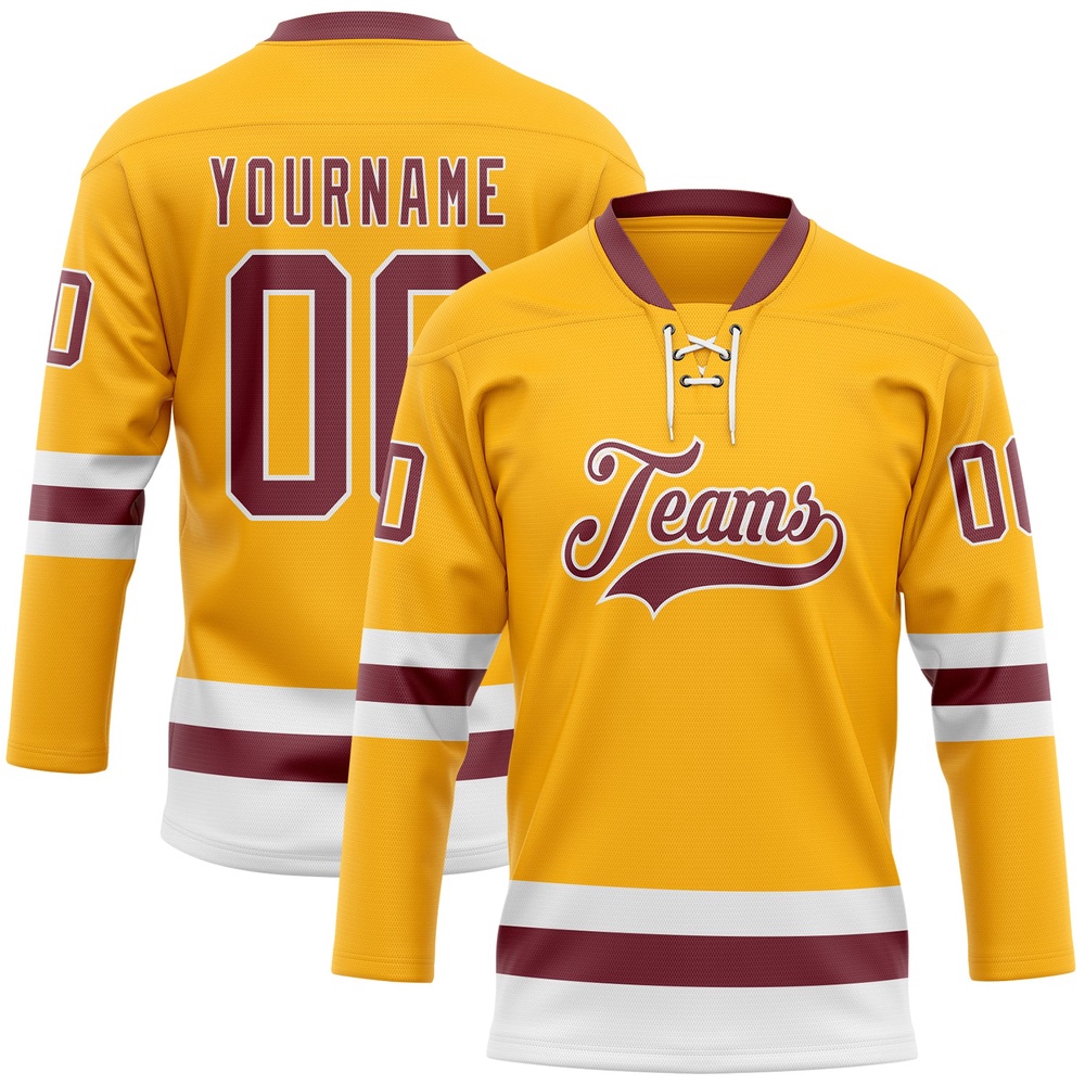 Custom Gold Burgundy White Hockey Lace Neck Jersey, New Hockey Jersey, Personali Sport Team Jersey Shirt