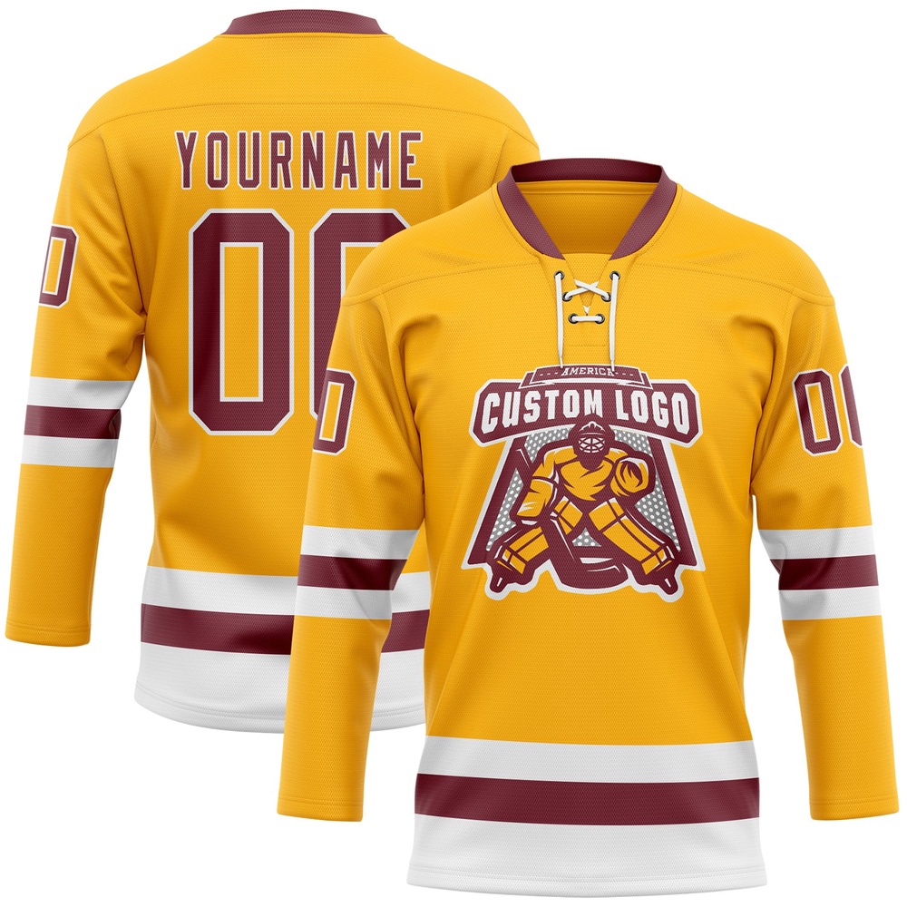 Custom Gold Burgundy White Hockey Lace Neck Jersey, New Hockey Jersey, Personali Sport Team Jersey Shirt