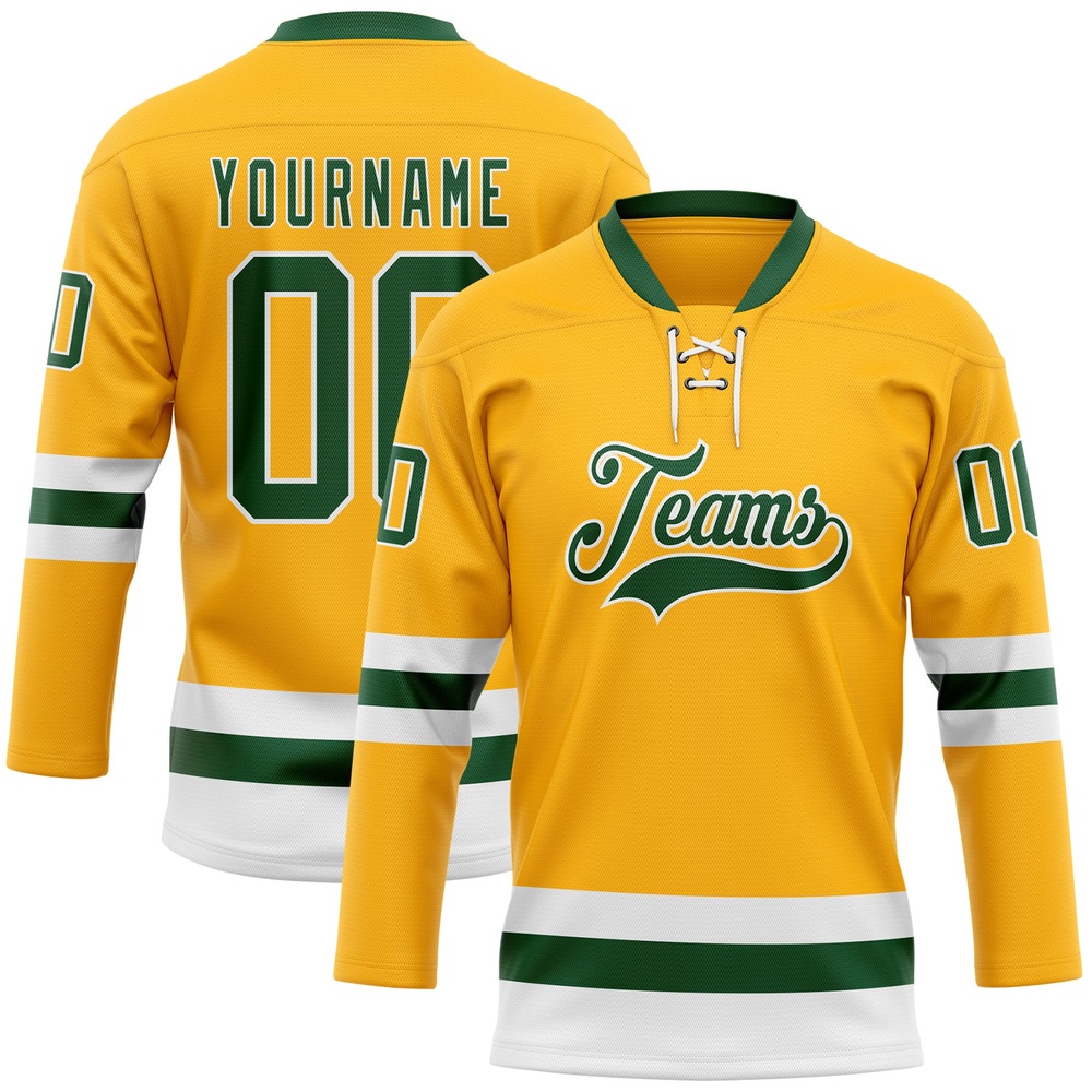 Custom Gold Green White Hockey Lace Neck Jersey, New Hockey Jersey, Personali Sport Team Jersey Shirt