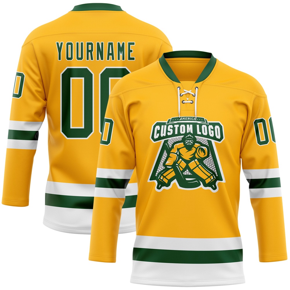 Custom Gold Green White Hockey Lace Neck Jersey, New Hockey Jersey, Personali Sport Team Jersey Shirt
