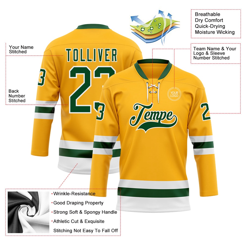 Custom Gold Green White Hockey Lace Neck Jersey, New Hockey Jersey, Personali Sport Team Jersey Shirt