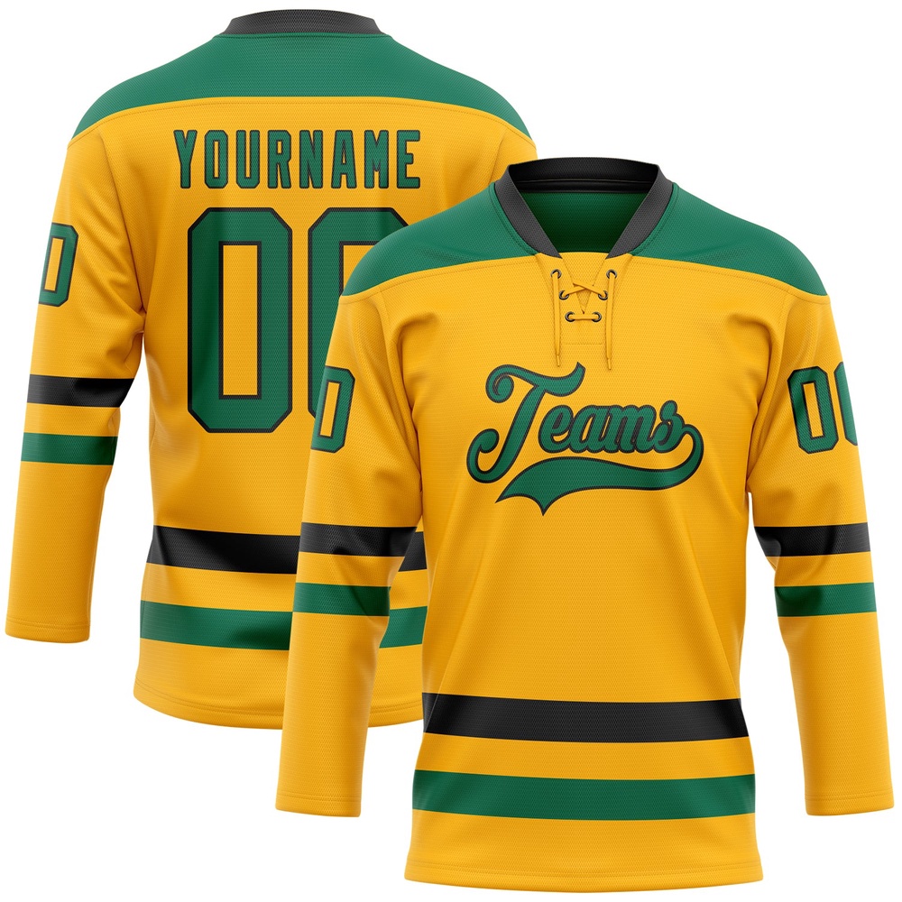 Custom Gold Kelly Green Black Hockey Lace Neck Jersey, New Hockey Jersey, Personali Sport Team Jersey Shirt Custom Gold Kelly Green Black Hockey Lace Neck Jersey, New Hockey Jersey, Personali Sport Team Jersey Shirt