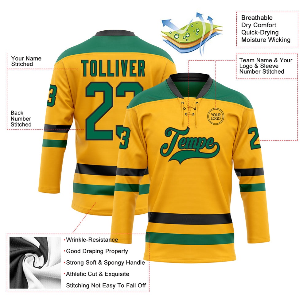 Custom Gold Kelly Green Black Hockey Lace Neck Jersey, New Hockey Jersey, Personali Sport Team Jersey Shirt Custom Gold Kelly Green Black Hockey Lace Neck Jersey, New Hockey Jersey, Personali Sport Team Jersey Shirt