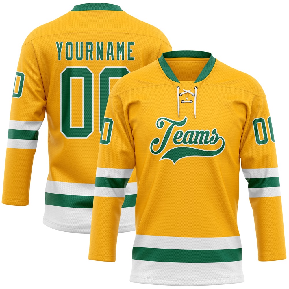 Custom Gold Kelly Green White Hockey Lace Neck Jersey, New Hockey Jersey, Personali Sport Team Jersey Shirt