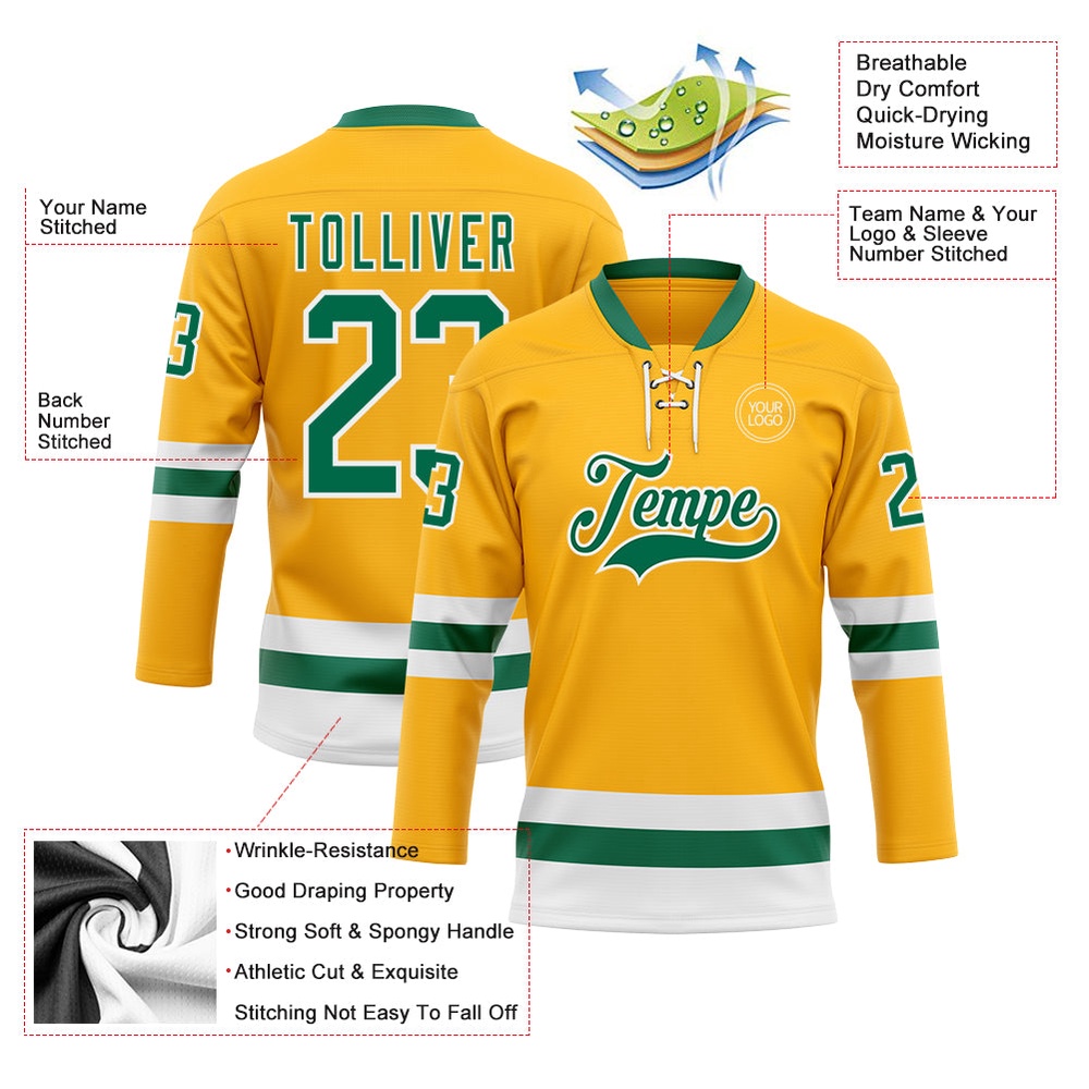 Custom Gold Kelly Green White Hockey Lace Neck Jersey, New Hockey Jersey, Personali Sport Team Jersey Shirt
