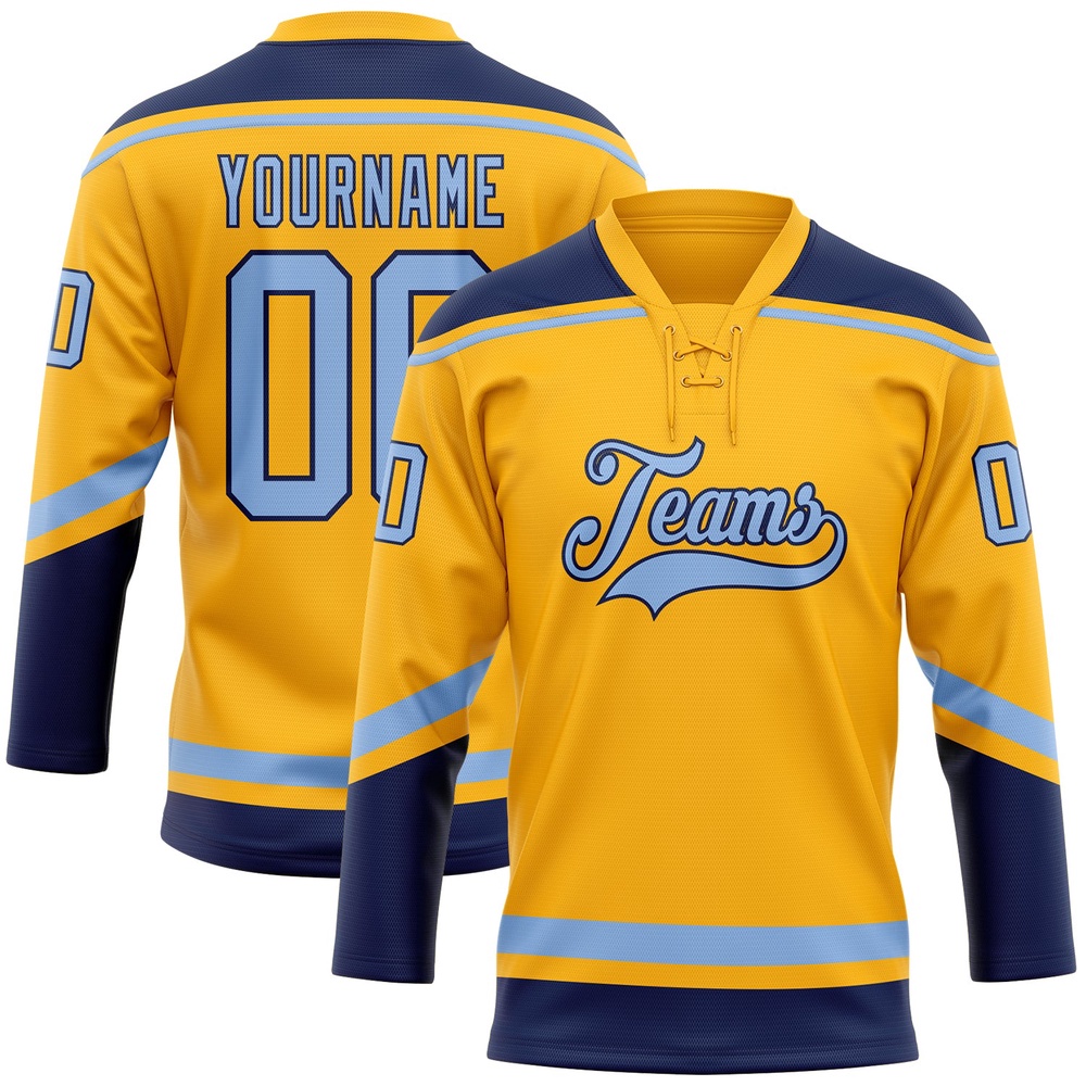 Custom Gold Light Blue Navy Hockey Lace Neck Jersey, New Hockey Jersey, Personali Sport Team Jersey Shirt