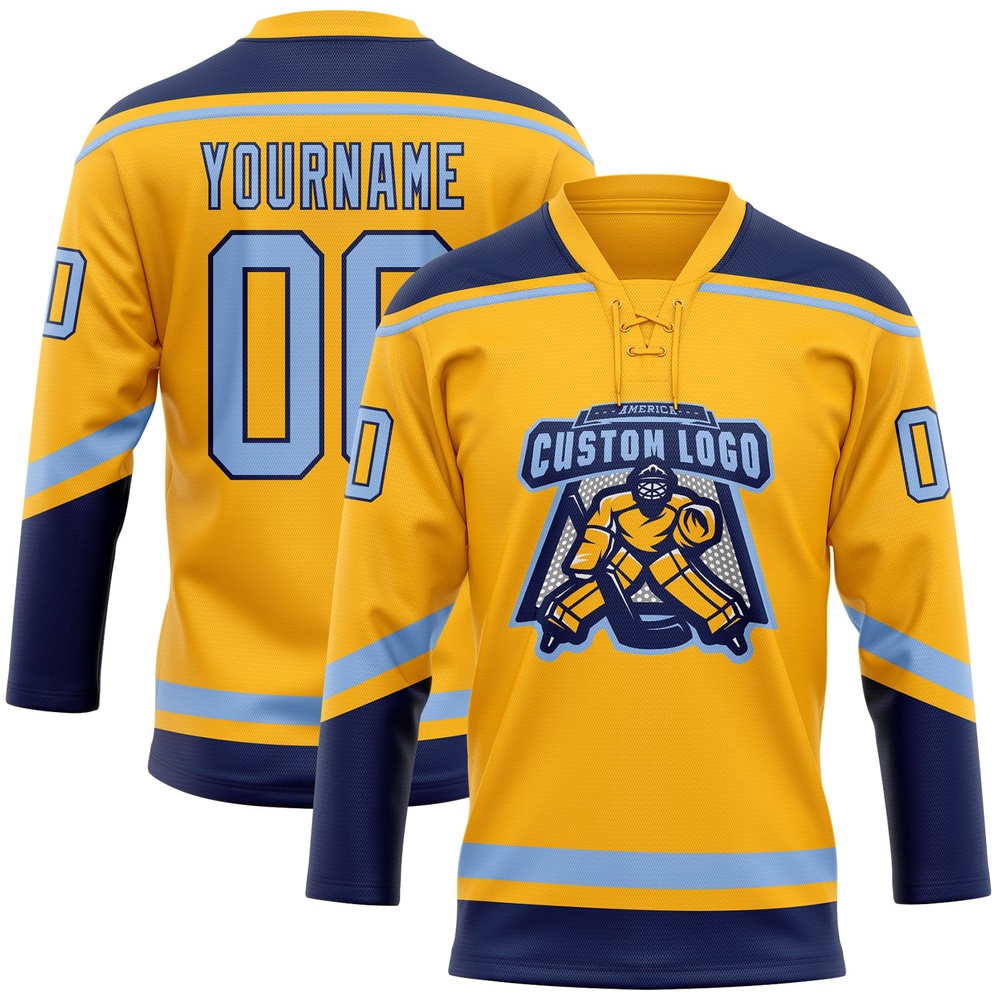 Custom Gold Light Blue Navy Hockey Lace Neck Jersey, New Hockey Jersey, Personali Sport Team Jersey Shirt