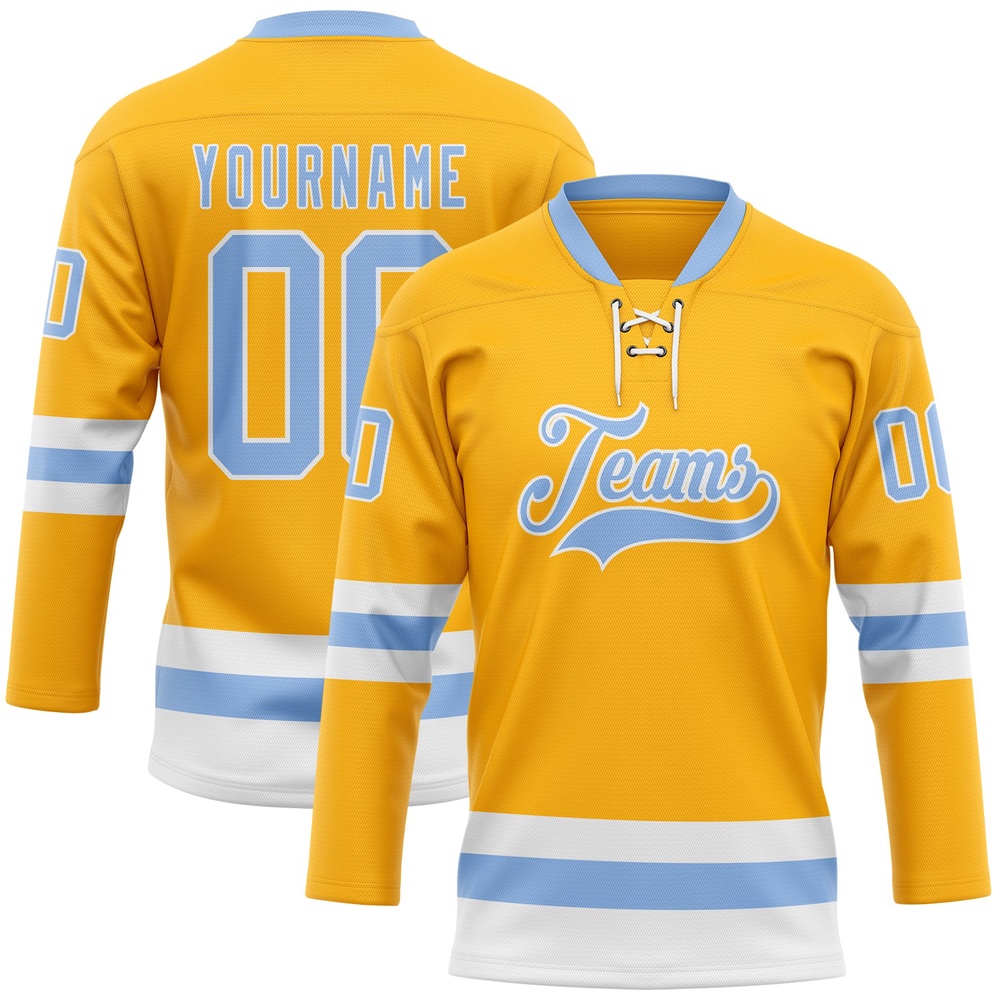Custom Gold Light Blue White Hockey Lace Neck Jersey, New Hockey Jersey, Personali Sport Team Jersey Shirt Custom Gold Light Blue White Hockey Lace Neck Jersey, New Hockey Jersey, Personali Sport Team Jersey Shirt