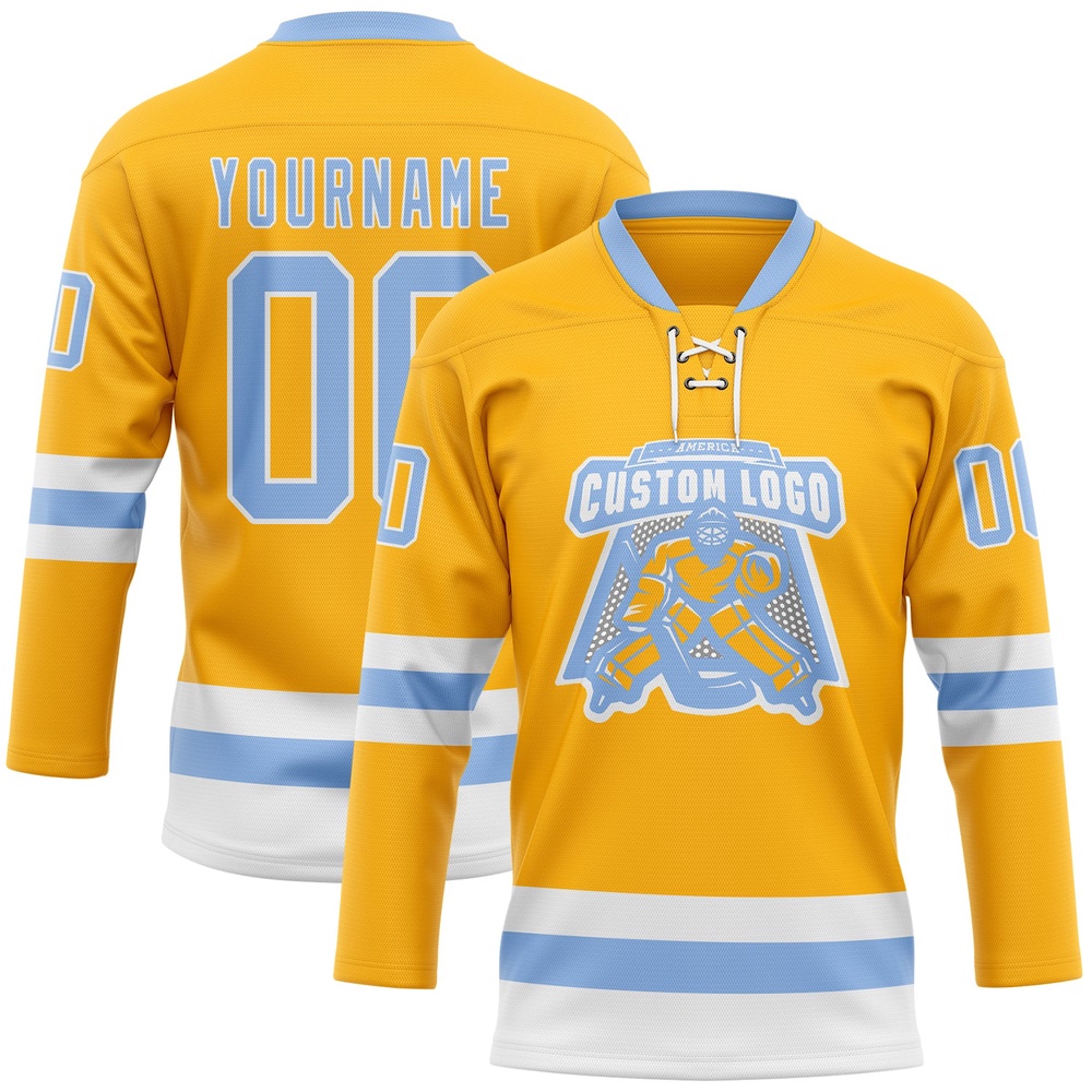Custom Gold Light Blue White Hockey Lace Neck Jersey, New Hockey Jersey, Personali Sport Team Jersey Shirt Custom Gold Light Blue White Hockey Lace Neck Jersey, New Hockey Jersey, Personali Sport Team Jersey Shirt