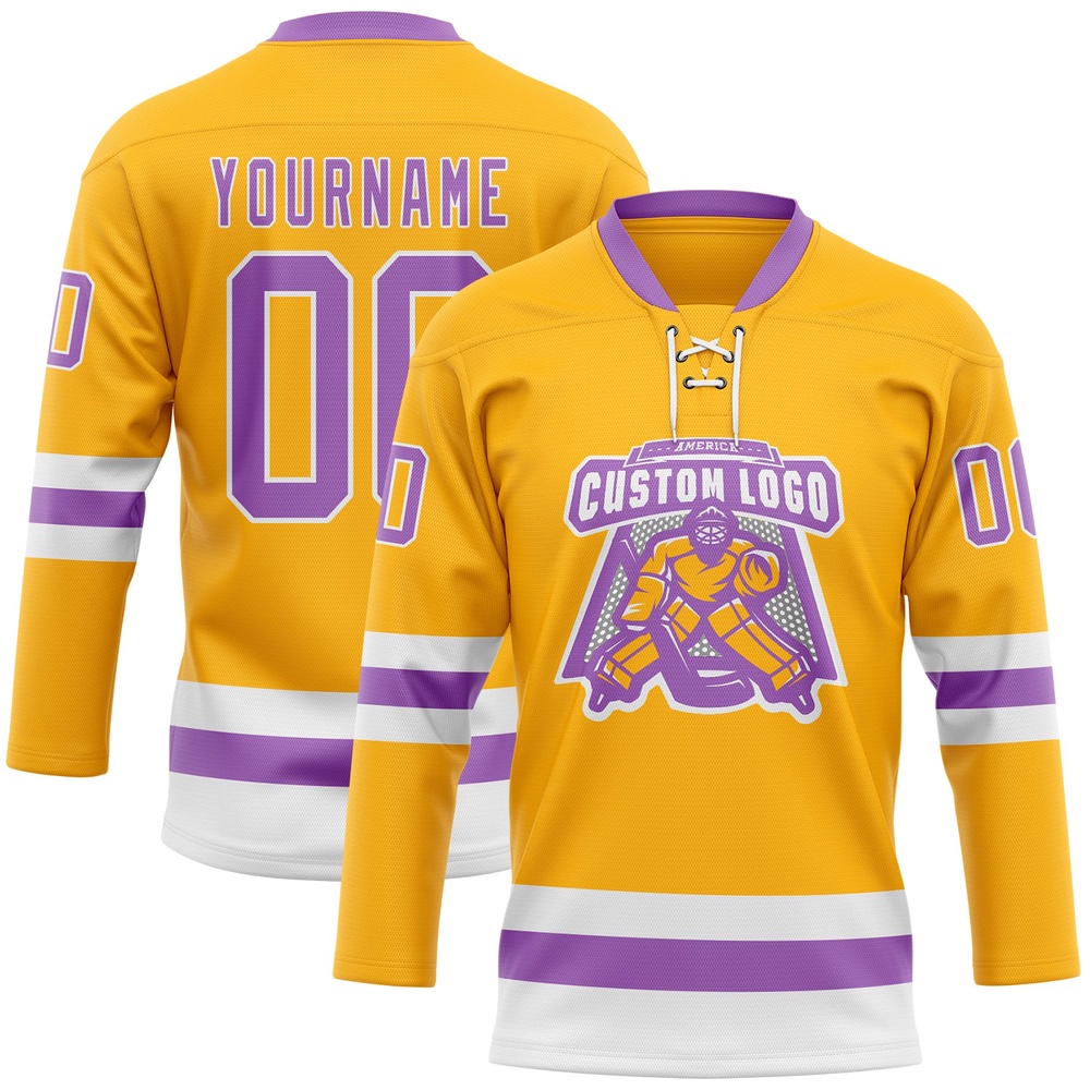 Custom Gold Medium Purple White Hockey Lace Neck Jersey, New Hockey Jersey, Personali Sport Team Jersey Shirt Custom Gold Medium Purple White Hockey Lace Neck Jersey, New Hockey Jersey, Personali Sport Team Jersey Shirt
