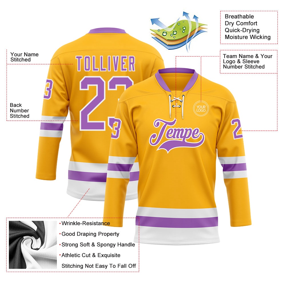 Custom Gold Medium Purple White Hockey Lace Neck Jersey, New Hockey Jersey, Personali Sport Team Jersey Shirt Custom Gold Medium Purple White Hockey Lace Neck Jersey, New Hockey Jersey, Personali Sport Team Jersey Shirt