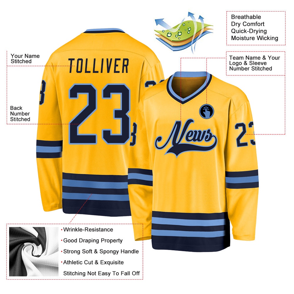 Custom Gold Navy Light Blue Hockey Jersey, New Hockey Jersey, Personali Sport Team Jersey Shirt