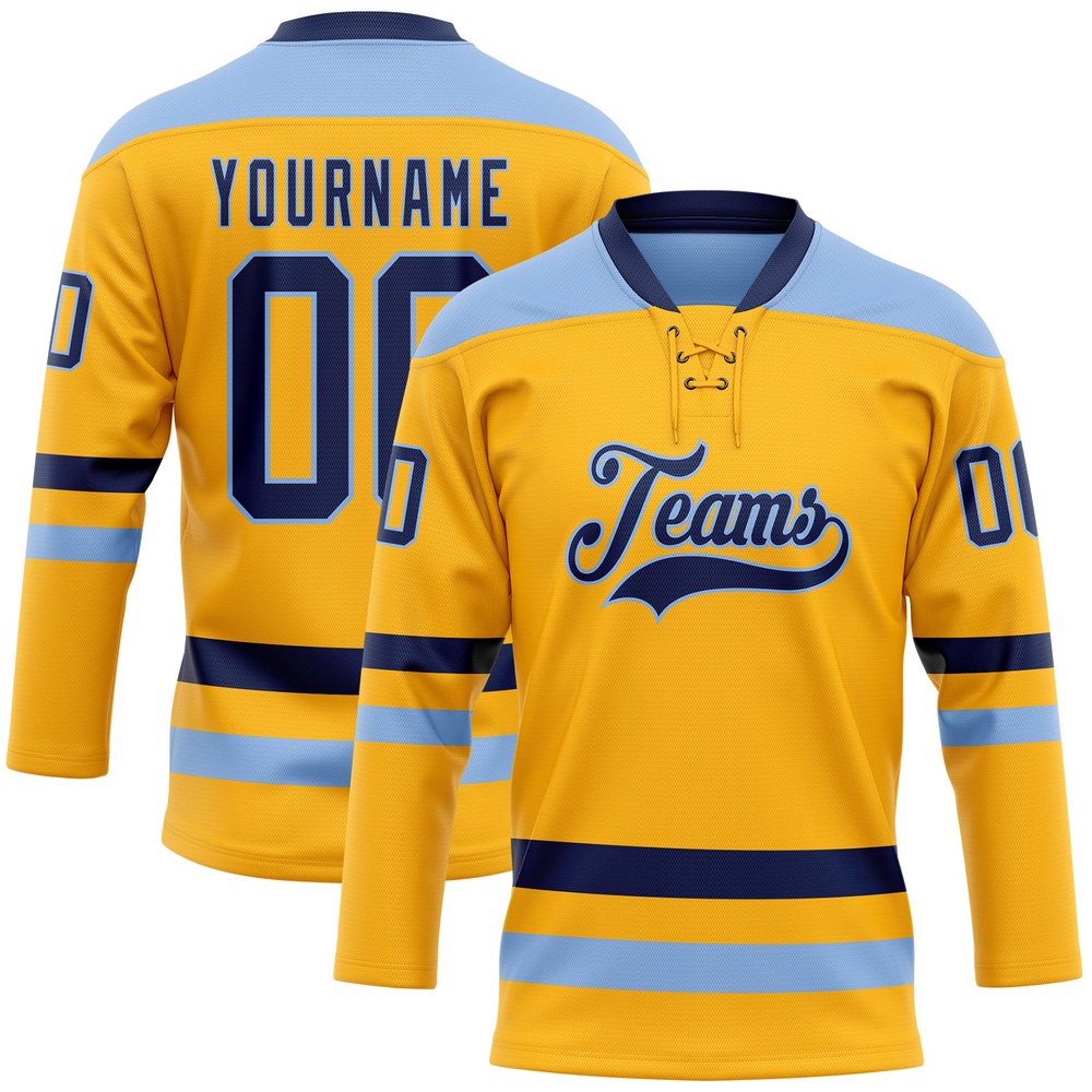 Custom Gold Navy Light Blue Hockey Lace Neck Jersey, New Hockey Jersey, Personali Sport Team Jersey Shirt Custom Gold Navy Light Blue Hockey Lace Neck Jersey, New Hockey Jersey, Personali Sport Team Jersey Shirt