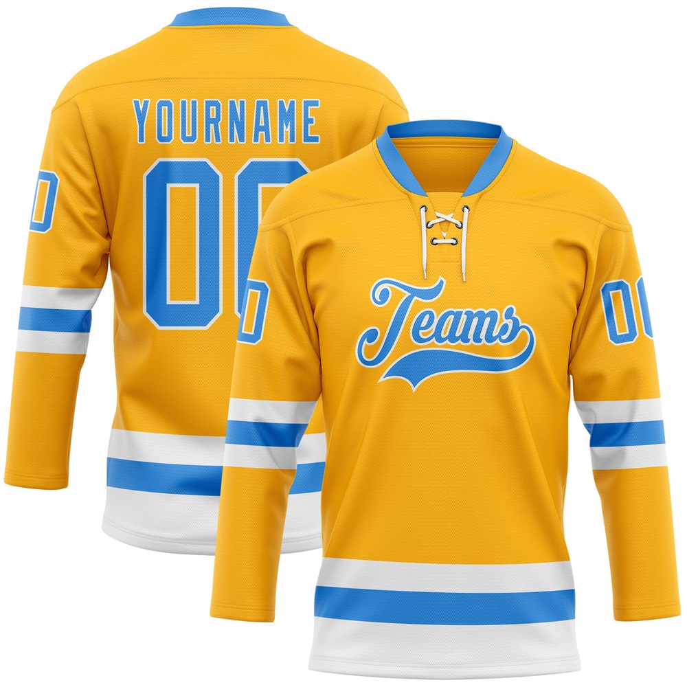 Custom Gold Powder Blue White Hockey Lace Neck Jersey, New Hockey Jersey, Personali Sport Team Jersey Shirt