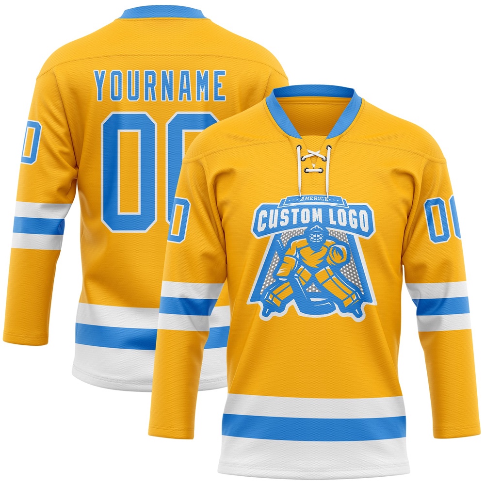 Custom Gold Powder Blue White Hockey Lace Neck Jersey, New Hockey Jersey, Personali Sport Team Jersey Shirt
