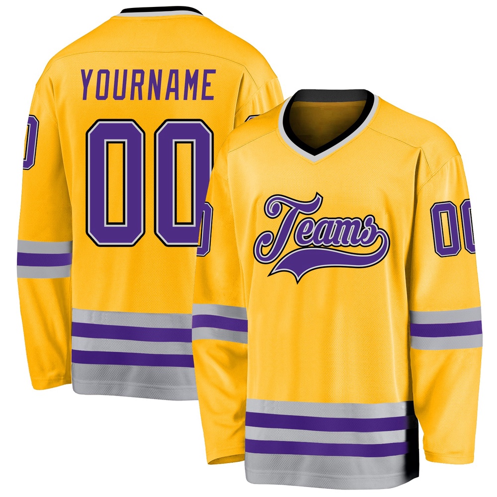 Custom Gold Purple Gray Hockey Jersey, New Hockey Jersey, Personali Sport Team Jersey Shirt Custom Gold Purple Gray Hockey Jersey, New Hockey Jersey, Personali Sport Team Jersey Shirt