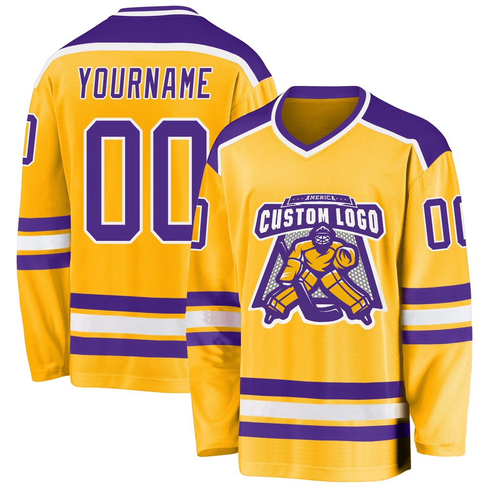 Custom Gold Purple White Hockey Jersey, New Hockey Jersey, Personali Sport Team Jersey Shirt Custom Gold Purple White Hockey Jersey, New Hockey Jersey, Personali Sport Team Jersey Shirt
