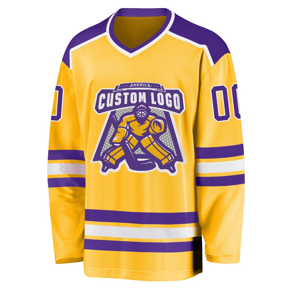 Custom Gold Purple White Hockey Jersey, New Hockey Jersey, Personali Sport Team Jersey Shirt Custom Gold Purple White Hockey Jersey, New Hockey Jersey, Personali Sport Team Jersey Shirt