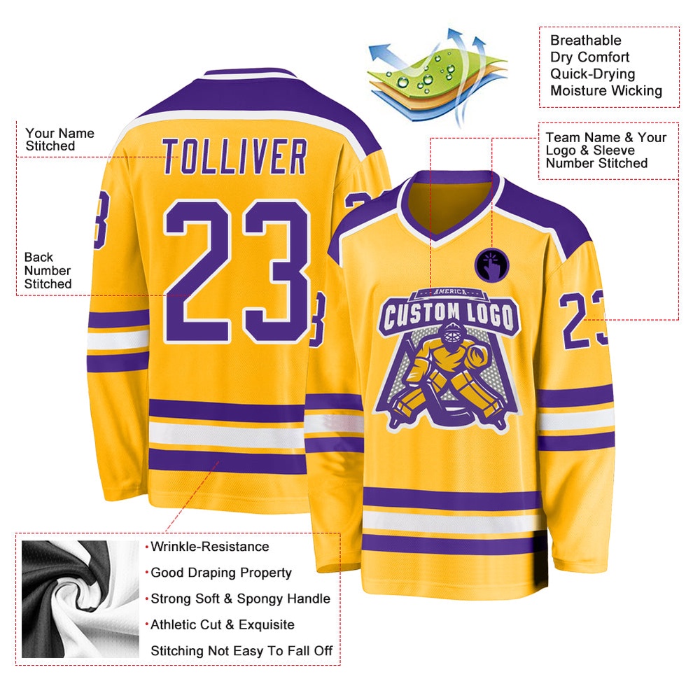 Custom Gold Purple White Hockey Jersey, New Hockey Jersey, Personali Sport Team Jersey Shirt Custom Gold Purple White Hockey Jersey, New Hockey Jersey, Personali Sport Team Jersey Shirt