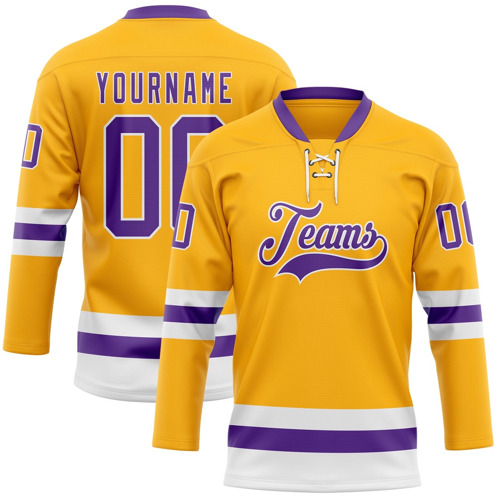 Custom Gold Purple White Hockey Lace Neck Jersey, New Hockey Jersey, Personali Sport Team Jersey Shirt