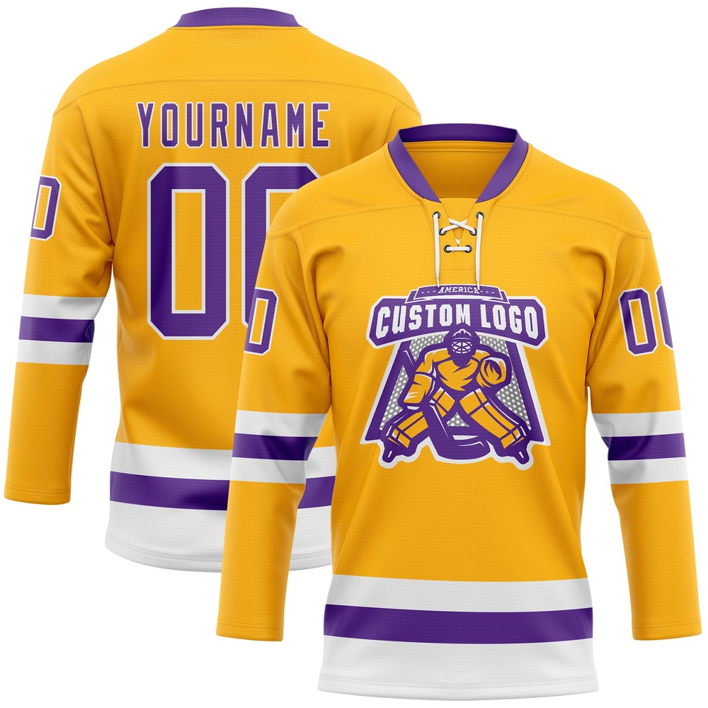 Custom Gold Purple White Hockey Lace Neck Jersey, New Hockey Jersey, Personali Sport Team Jersey Shirt