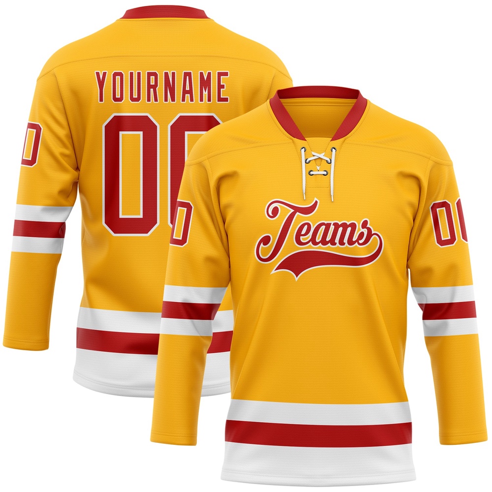 Custom Gold Red White Hockey Lace Neck Jersey, New Hockey Jersey, Personali Sport Team Jersey Shirt Custom Gold Red White Hockey Lace Neck Jersey, New Hockey Jersey, Personali Sport Team Jersey Shirt