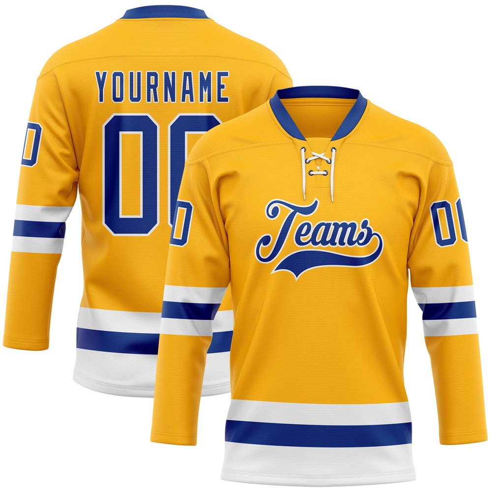 Custom Gold Royal White Hockey Lace Neck Jersey, New Hockey Jersey, Personali Sport Team Jersey Shirt