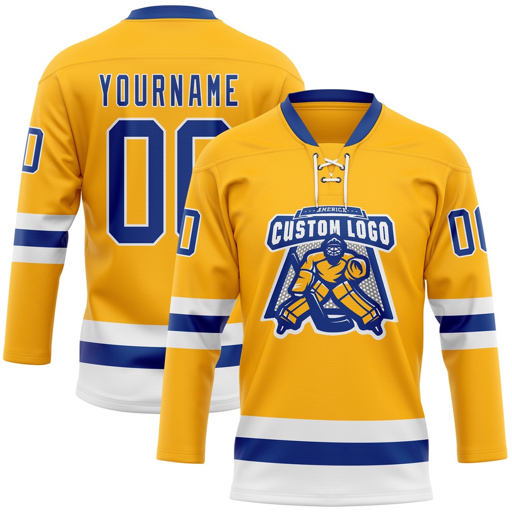 Custom Gold Royal White Hockey Lace Neck Jersey, New Hockey Jersey, Personali Sport Team Jersey Shirt