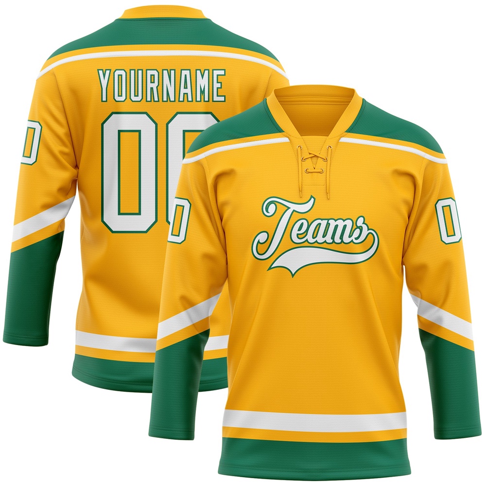 Custom Gold White Kelly Green Hockey Lace Neck Jersey, New Hockey Jersey, Personali Sport Team Jersey Shirt