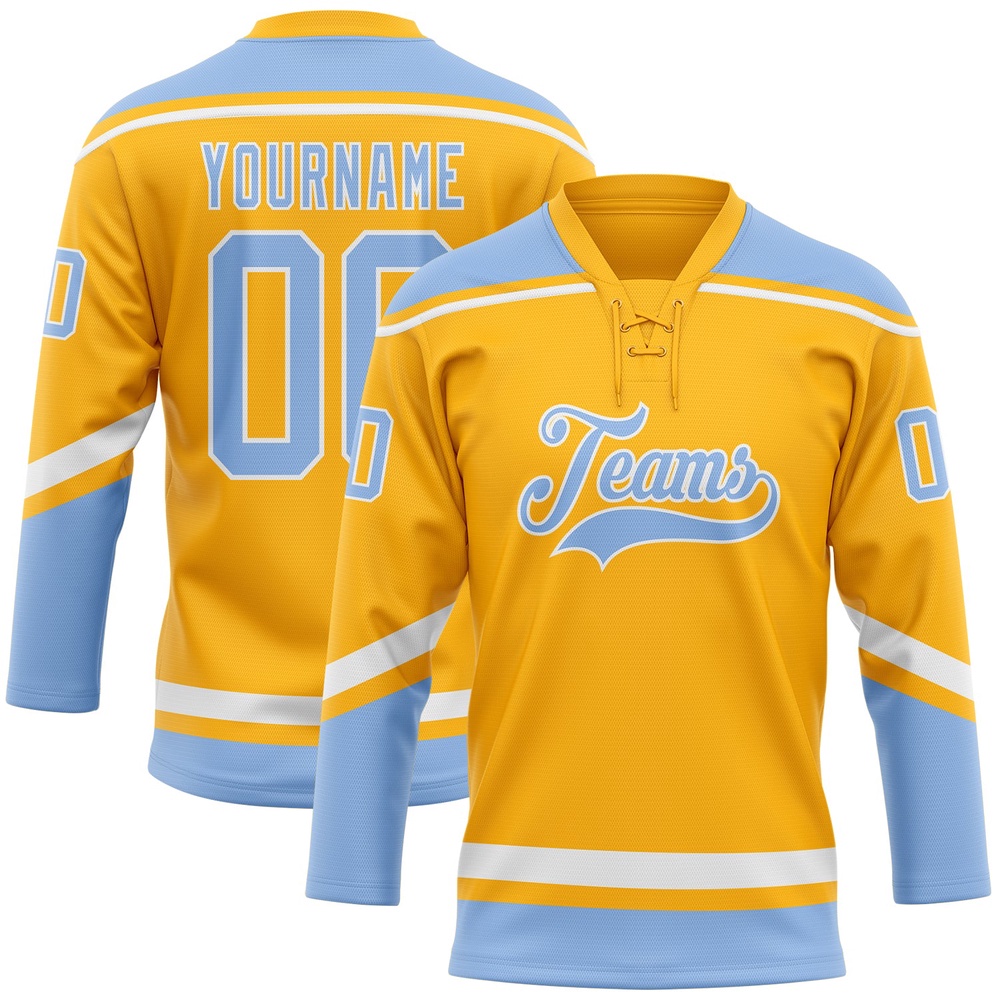 Custom Gold White Light Blue Hockey Lace Neck Jersey, New Hockey Jersey, Personali Sport Team Jersey Shirt Custom Gold White Light Blue Hockey Lace Neck Jersey, New Hockey Jersey, Personali Sport Team Jersey Shirt