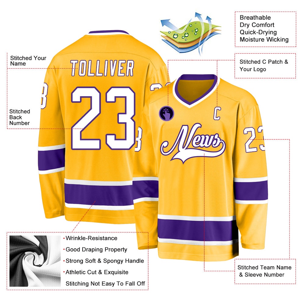 Custom Gold White Purple Hockey Jersey, New Hockey Jersey, Personali Sport Team Jersey Shirt Custom Gold White Purple Hockey Jersey, New Hockey Jersey, Personali Sport Team Jersey Shirt