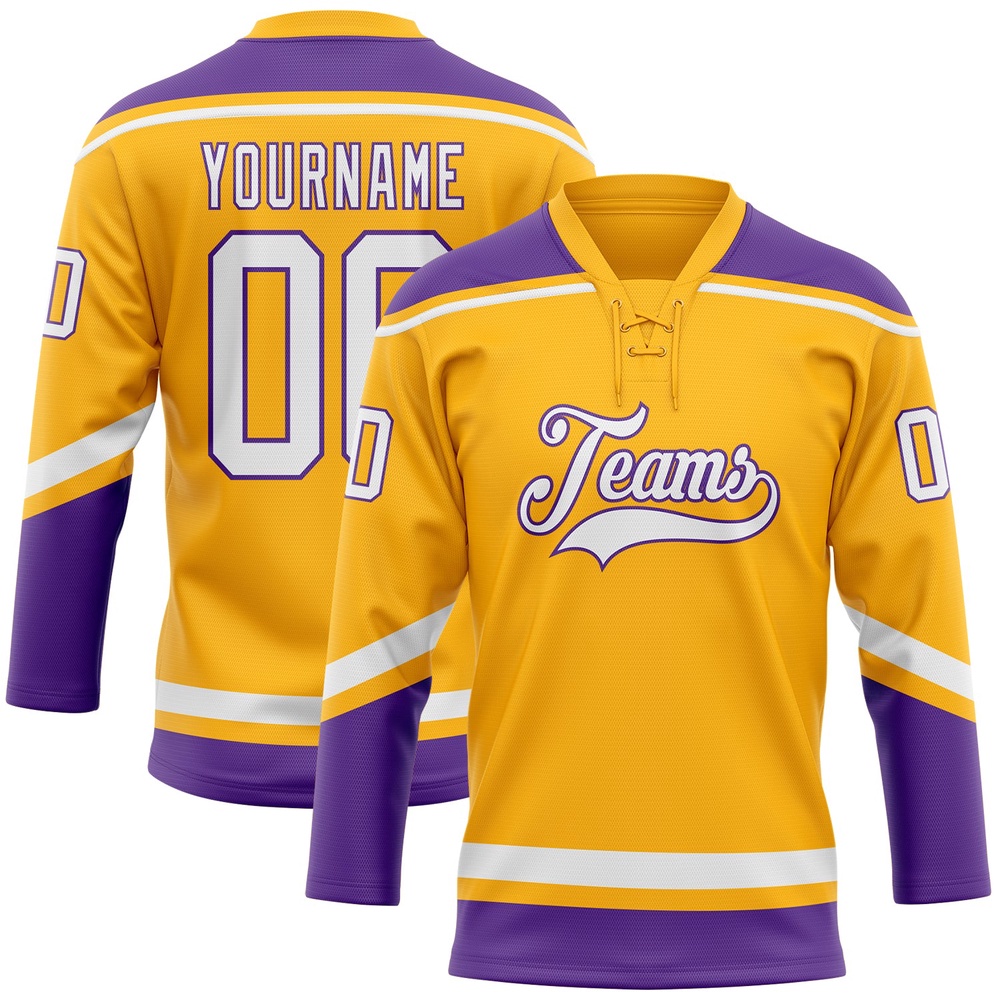 Custom Gold White Purple Hockey Lace Neck Jersey, New Hockey Jersey, Personali Sport Team Jersey Shirt