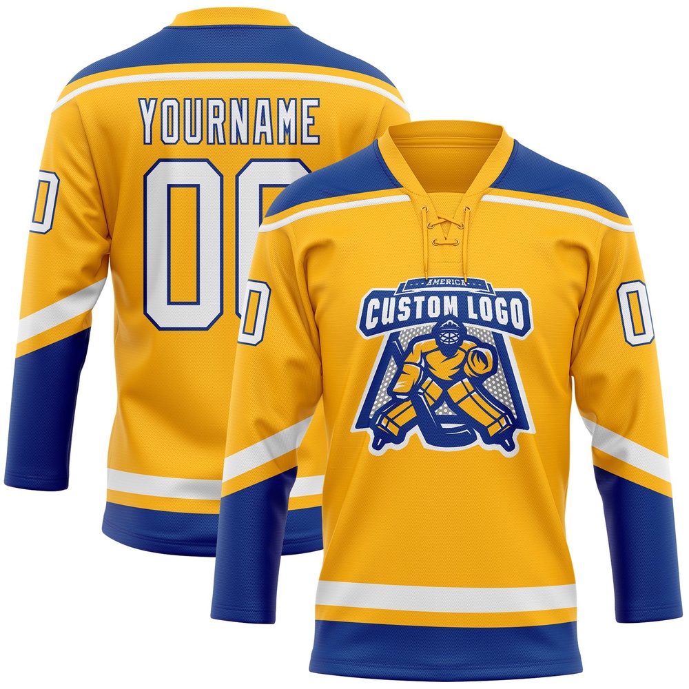 Custom Gold White Royal Hockey Lace Neck Jersey, New Hockey Jersey, Personali Sport Team Jersey Shirt