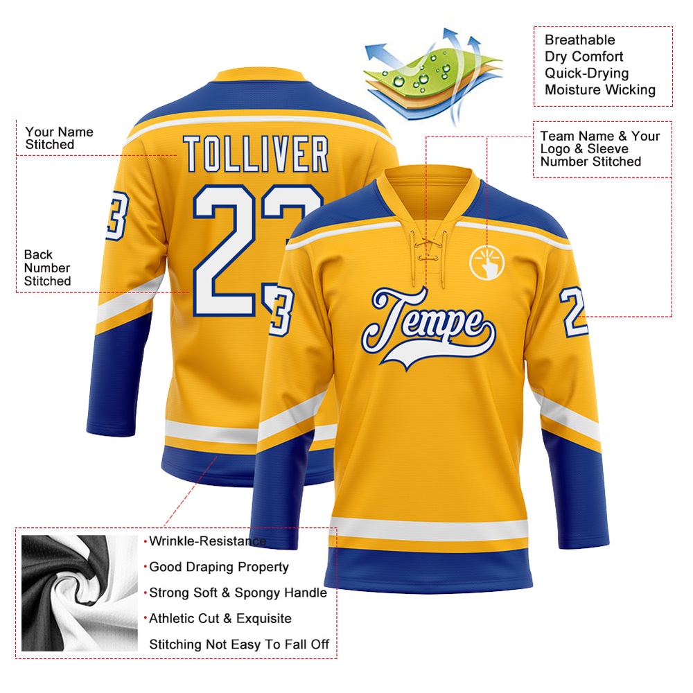 Custom Gold White Royal Hockey Lace Neck Jersey, New Hockey Jersey, Personali Sport Team Jersey Shirt
