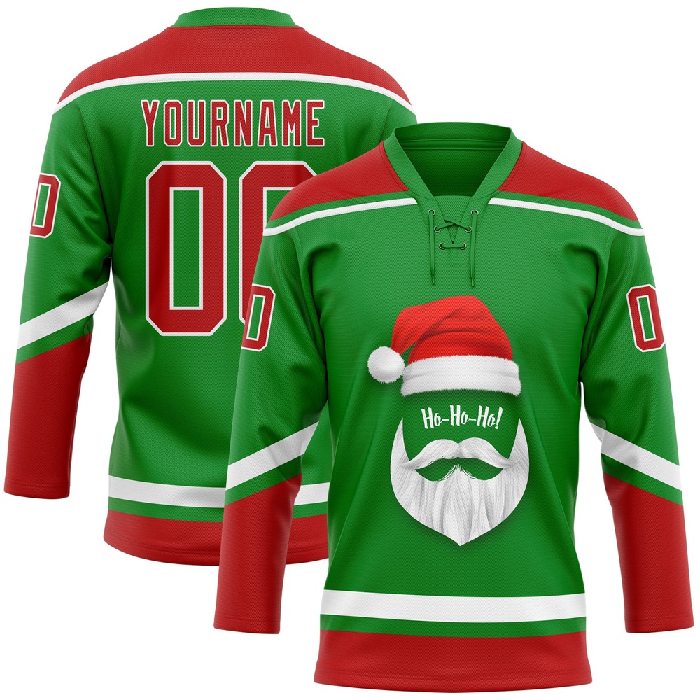 Custom Grass Green Red White Christmas Santa Claus 3D Hockey Lace Neck Jersey, New Hockey Jersey, Personali Sport Team Jersey Shirt