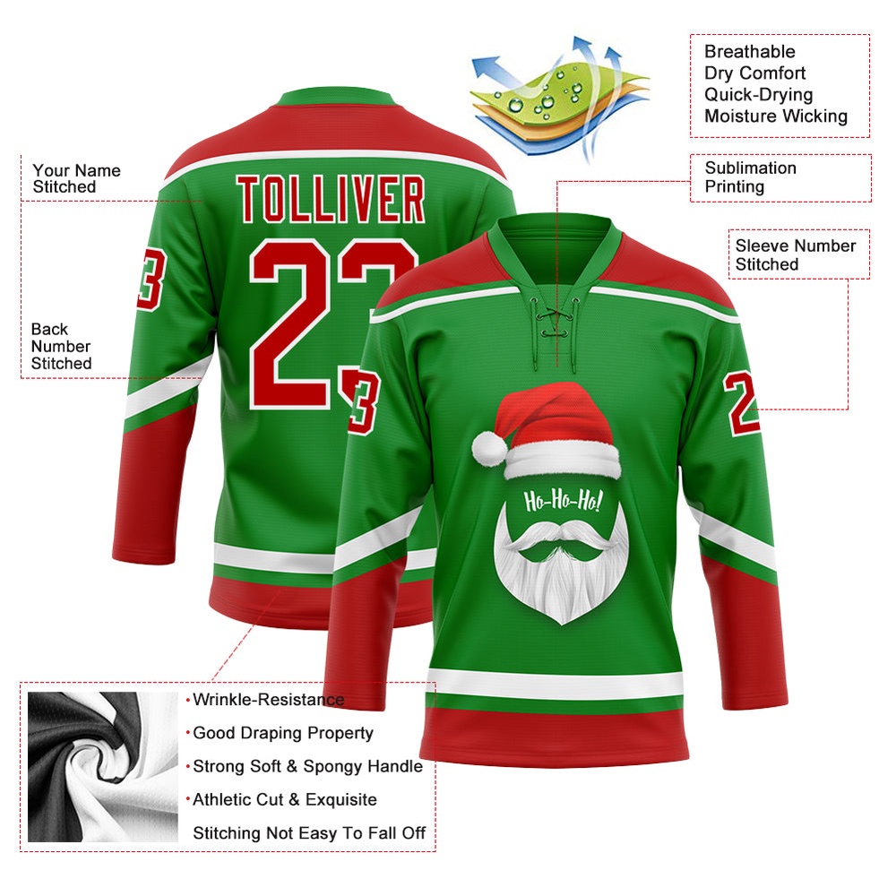 Custom Grass Green Red White Christmas Santa Claus 3D Hockey Lace Neck Jersey, New Hockey Jersey, Personali Sport Team Jersey Shirt