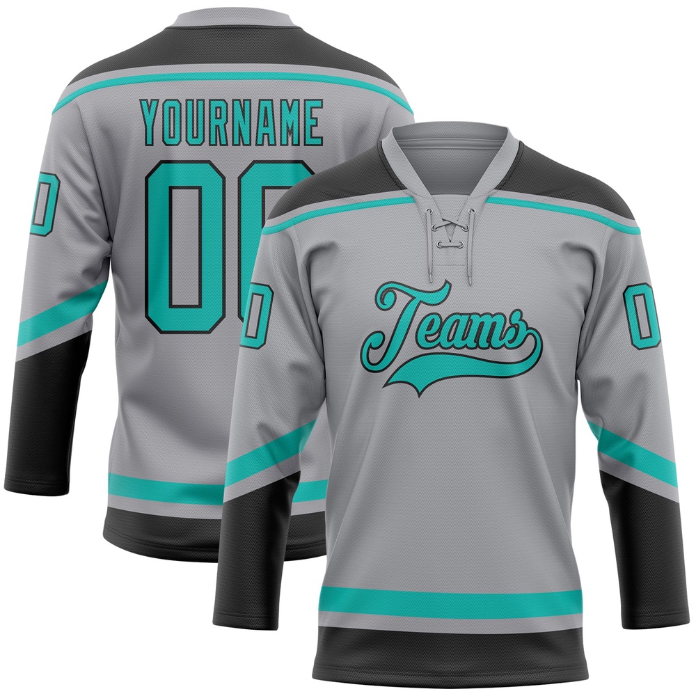 Custom Gray Aqua Black Hockey Lace Neck Jersey, New Hockey Jersey, Personali Sport Team Jersey Shirt