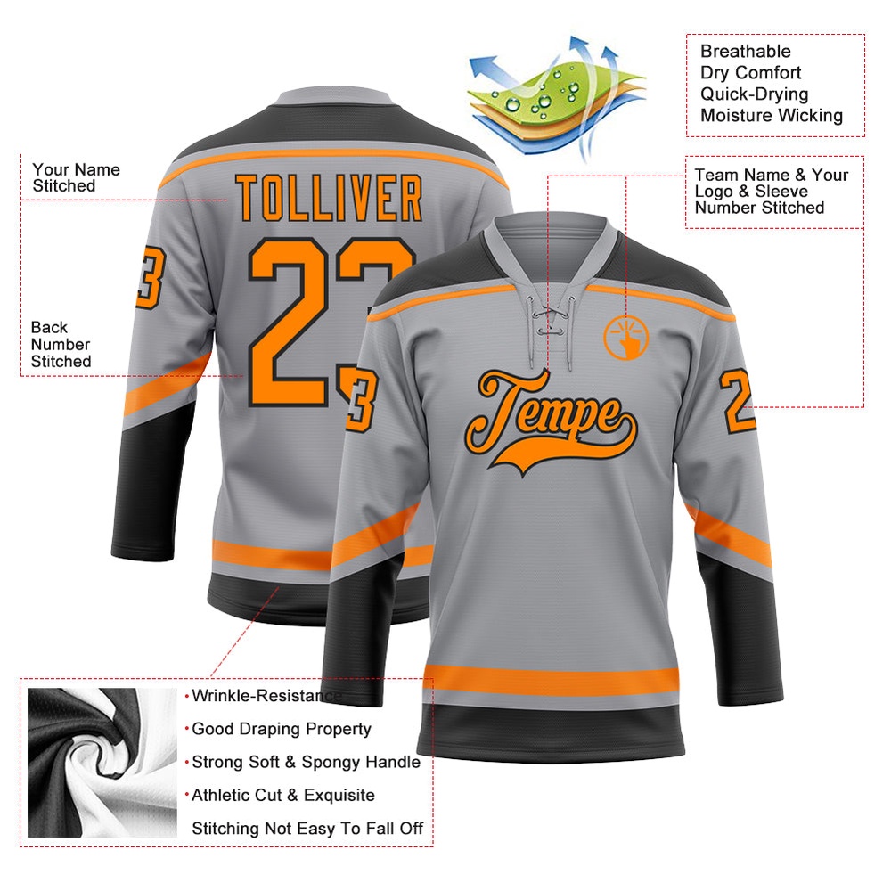 Custom Gray Bay Orange Black Hockey Lace Neck Jersey, New Hockey Jersey, Personali Sport Team Jersey Shirt