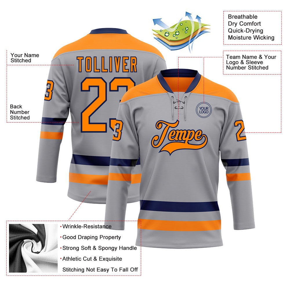 Custom Gray Bay Orange Navy Hockey Lace Neck Jersey, New Hockey Jersey, Personali Sport Team Jersey Shirt