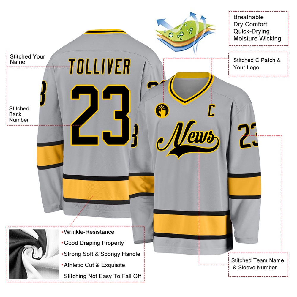 Custom Gray Black Gold Hockey Jersey, New Hockey Jersey, Personali Sport Team Jersey Shirt