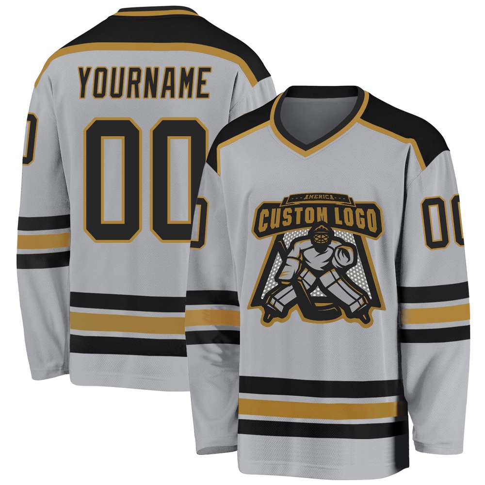 Custom Gray Black Old Gold Hockey Jersey, New Hockey Jersey, Personali Sport Team Jersey Shirt Custom Gray Black Old Gold Hockey Jersey, New Hockey Jersey, Personali Sport Team Jersey Shirt