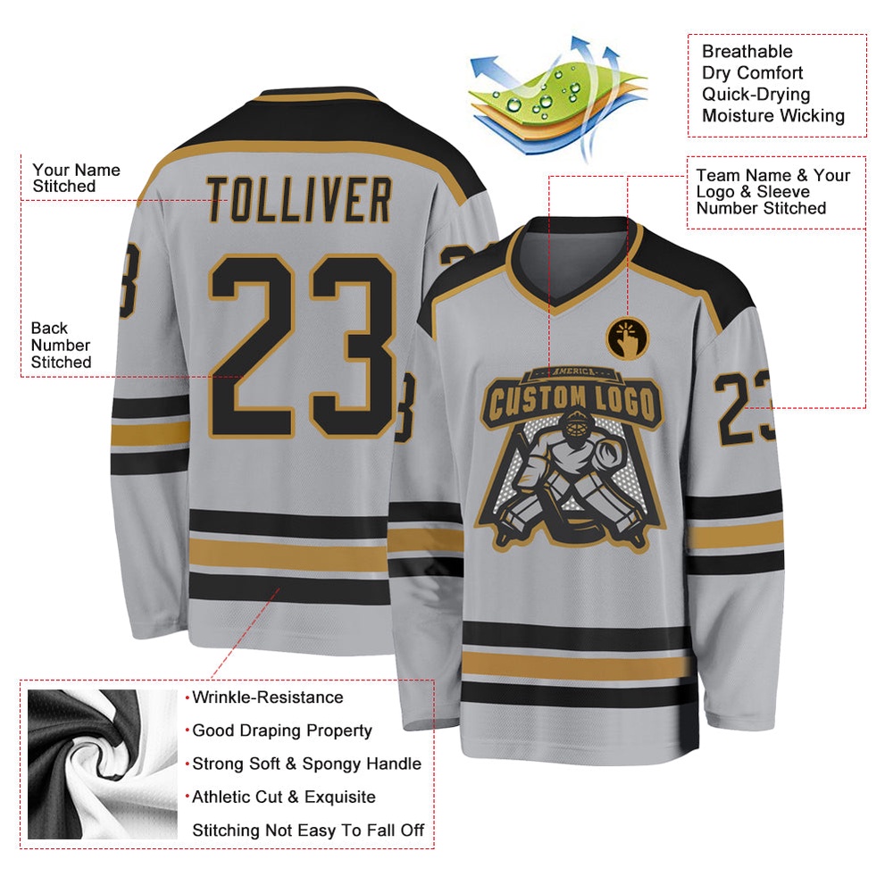 Custom Gray Black Old Gold Hockey Jersey, New Hockey Jersey, Personali Sport Team Jersey Shirt Custom Gray Black Old Gold Hockey Jersey, New Hockey Jersey, Personali Sport Team Jersey Shirt