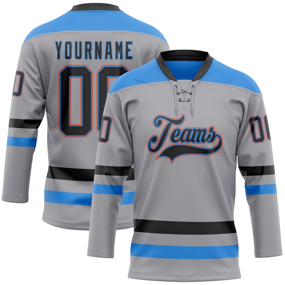 Custom Gray Black Powder Blue Orange Hockey Lace Neck Jersey, New Hockey Jersey, Personali Sport Team Jersey Shirt