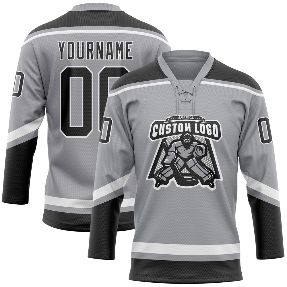 Custom Gray Black White Hockey Lace Neck Jersey, New Hockey Jersey, Personali Sport Team Jersey Shirt Custom Gray Black White Hockey Lace Neck Jersey, New Hockey Jersey, Personali Sport Team Jersey Shirt
