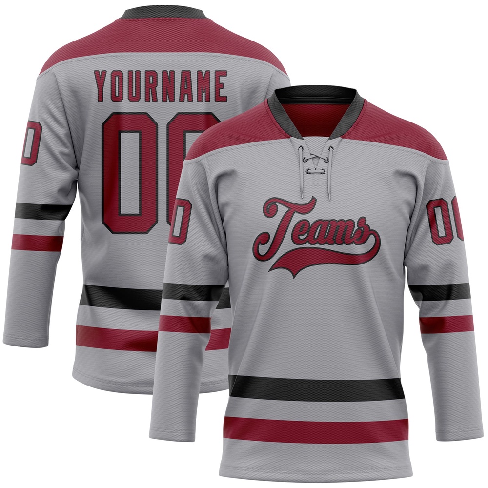 Custom Gray Crimson Black Hockey Lace Neck Jersey, New Hockey Jersey, Personali Sport Team Jersey Shirt