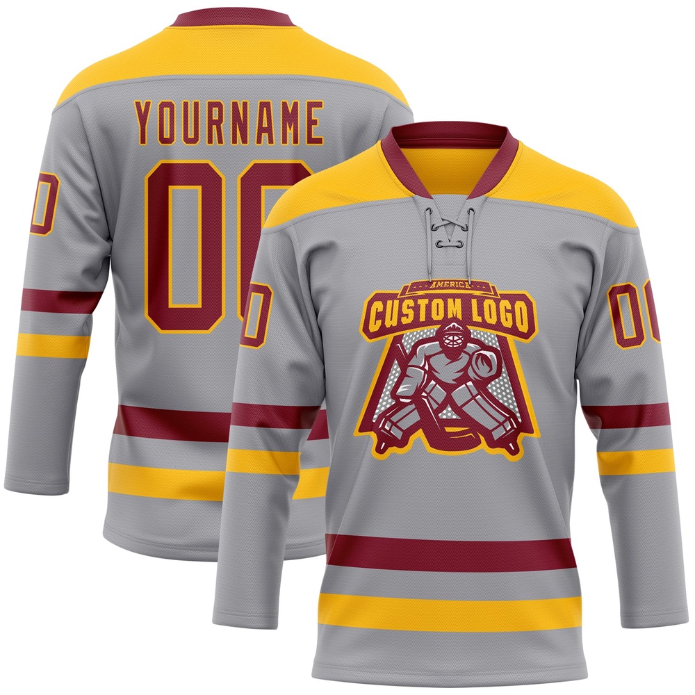 Custom Gray Crimson Gold Hockey Lace Neck Jersey, New Hockey Jersey, Personali Sport Team Jersey Shirt