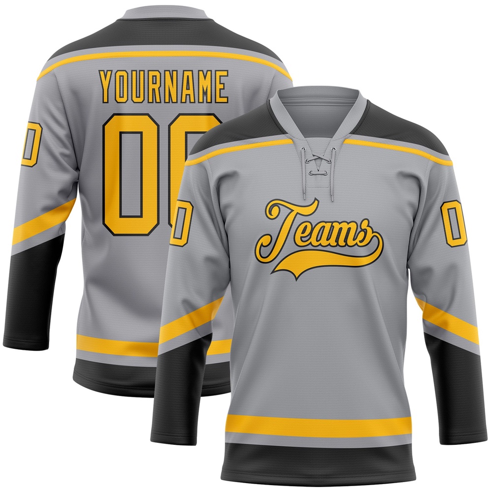 Custom Gray Gold Black Hockey Lace Neck Jersey, New Hockey Jersey, Personali Sport Team Jersey Shirt