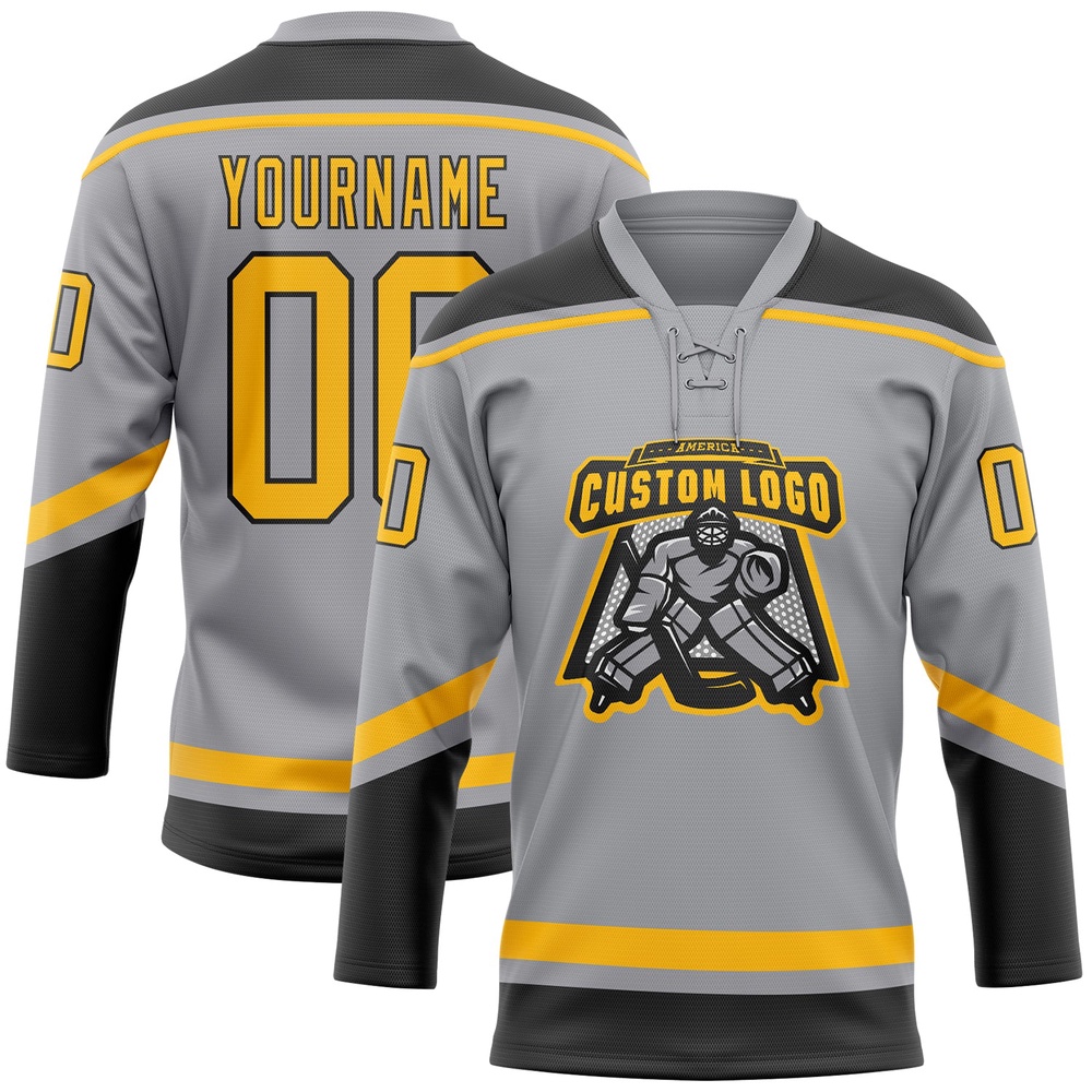 Custom Gray Gold Black Hockey Lace Neck Jersey, New Hockey Jersey, Personali Sport Team Jersey Shirt